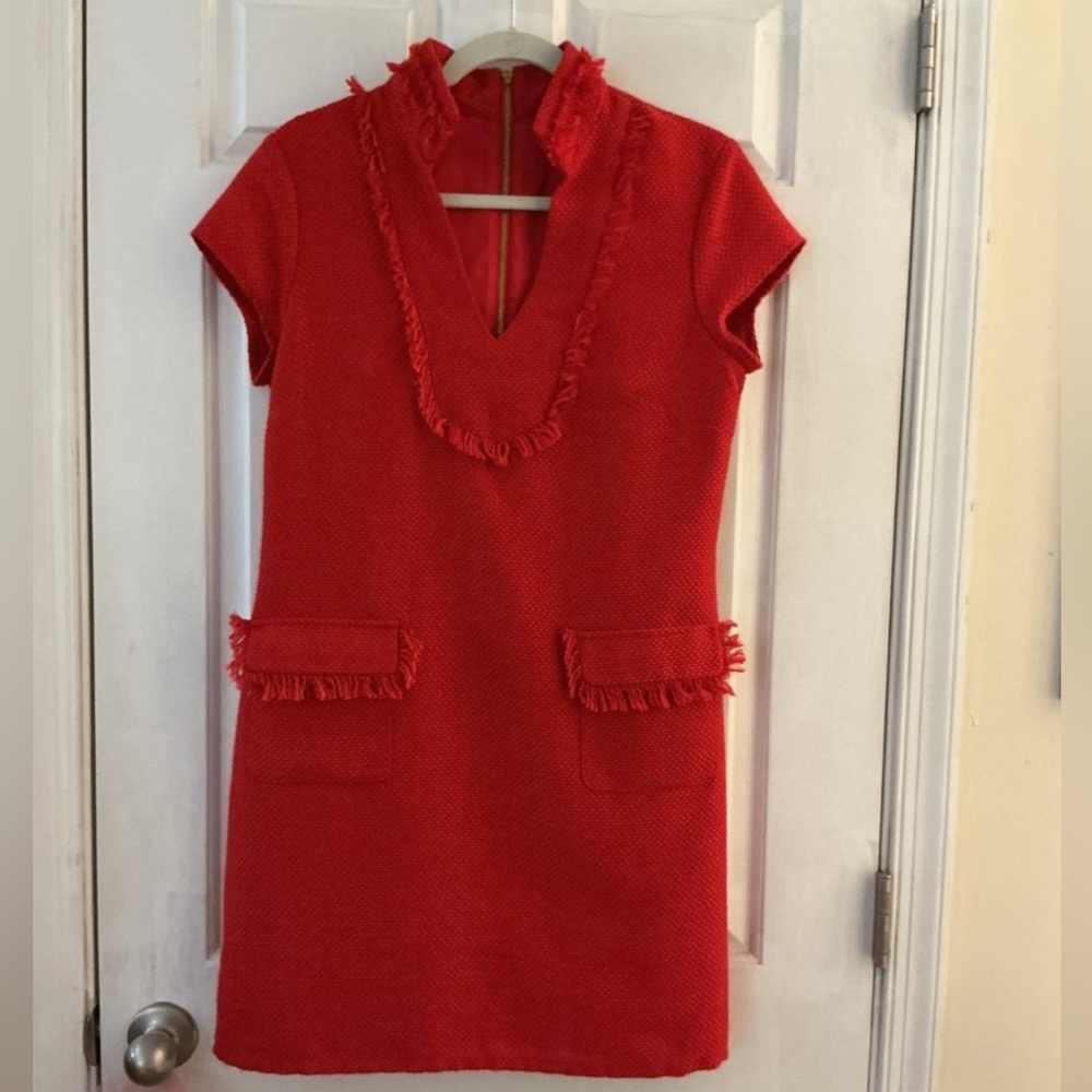 Sail to Sable Red Gold Metallic Boucle Tweed Fringe Tunic Shift Dress EUC 6